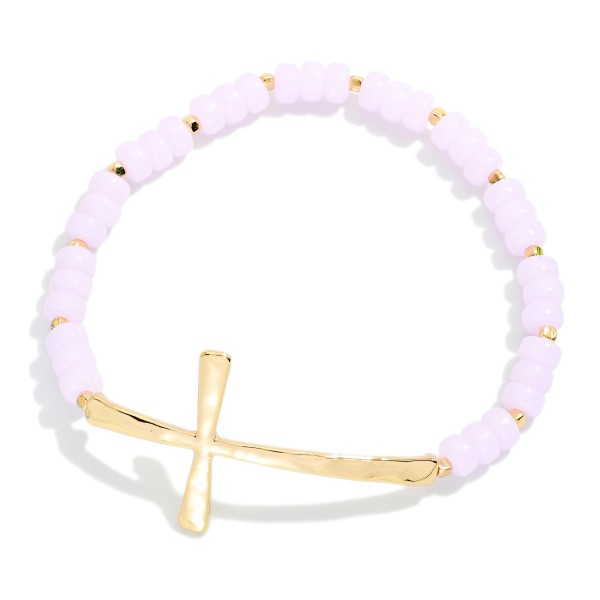 Petite Acetate Bead Beaded Stretch Bracelet Featuring Metal Tone East West Cross

- Approximately 2.5" D