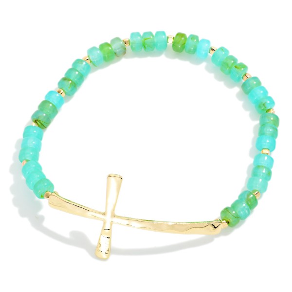 Petite Acetate Bead Beaded Stretch Bracelet Featuring Metal Tone East West Cross

- Approximately 2.5" D