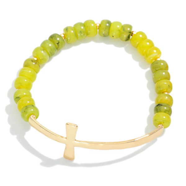 Marbled Acetate Bead Beaded Stretch Bracelet Featuring Metal Tone East West Cross

- Approximately 2.5" D