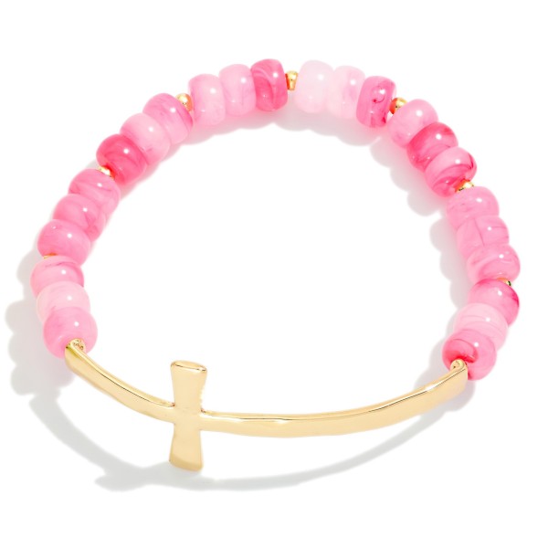 Marbled Acetate Bead Beaded Stretch Bracelet Featuring Metal Tone East West Cross

- Approximately 2.5" D