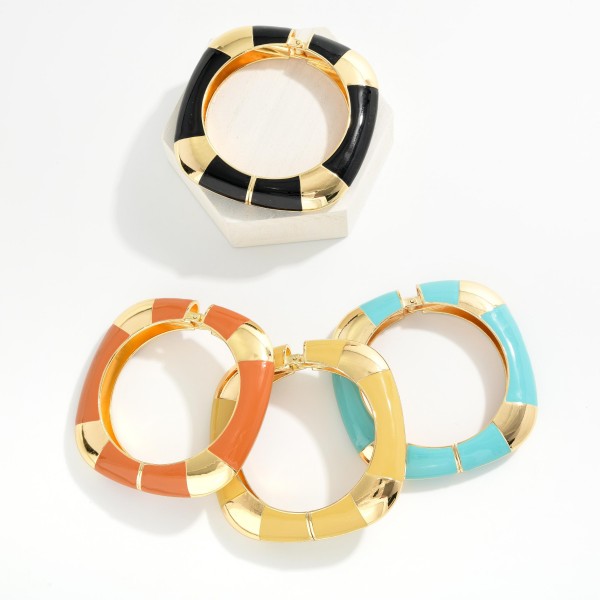 Metal Tone & Enamel Round Square Hinged Bangle Bracelet

- Approximately 2.5" D