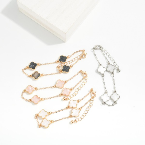 Chain Link Bracelet Featuring Pearlescent Clover Stations 

- Approximately 3" D