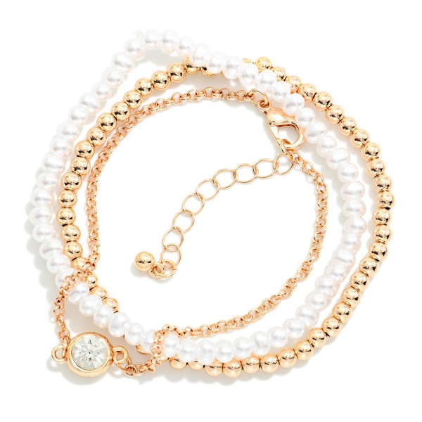 Set Of Three Chain Link & Beaded Stretch Bracelets Featuring Metal Tone & Pearls 

- Approximately 2.5" D