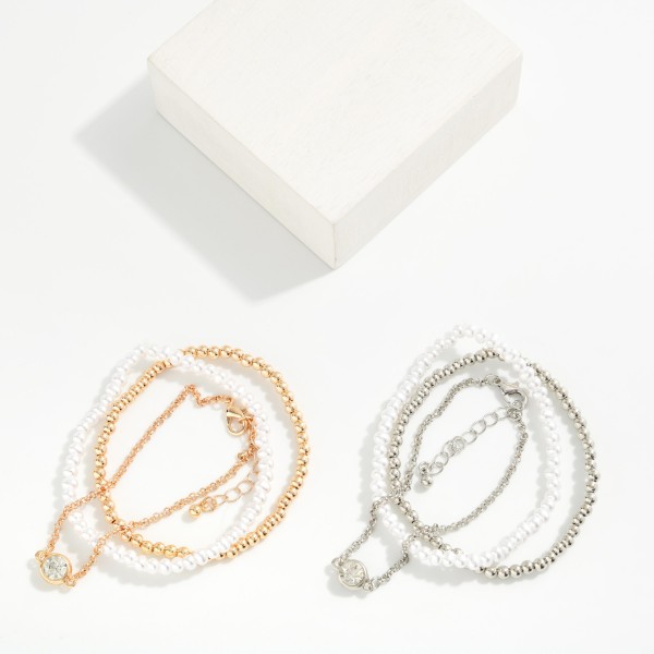 Set Of Three Chain Link & Beaded Stretch Bracelets Featuring Metal Tone & Pearls 

- Approximately 2.5" D