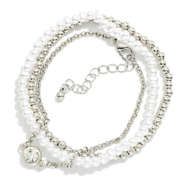 Set Of Three Chain Link & Beaded Stretch Bracelets Featuring Metal Tone & Pearls 

- Approximately 2.5" D