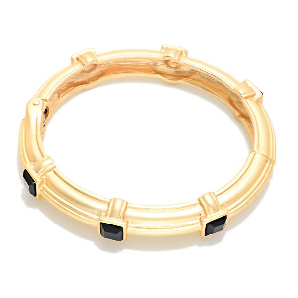 Ribbed Metal Hinged Bangle Bracelet With Square Stone Details

- Approximately 2.5" D