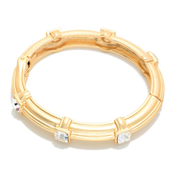 Ribbed Metal Hinged Bangle Bracelet With Square Stone Details

- Approximately 2.5" D