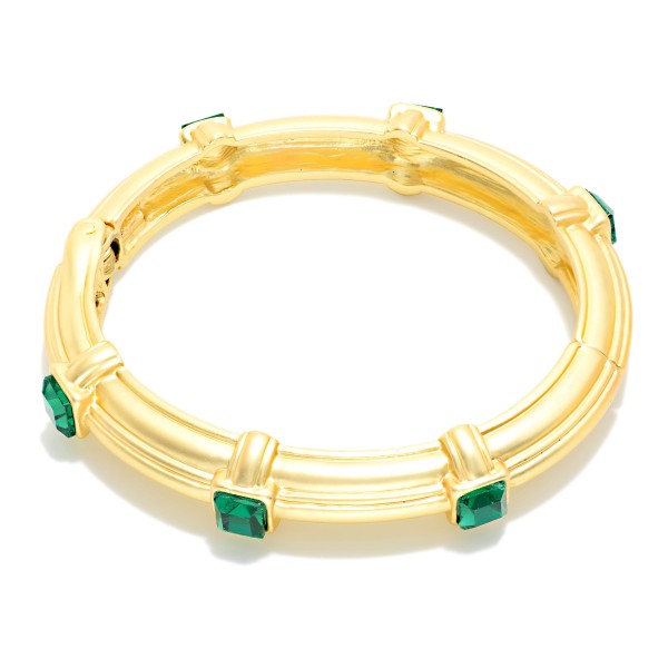 Ribbed Metal Hinged Bangle Bracelet With Square Stone Details

- Approximately 2.5" D