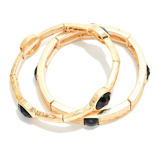 Set Of Two Hammered Metal Bangle Bracelets Featuring Faceted Acetate Details 

- Approximately 2.5" D