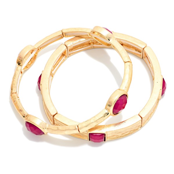 Set Of Two Hammered Metal Bangle Bracelets Featuring Faceted Acetate Details 

- Approximately 2.5" D