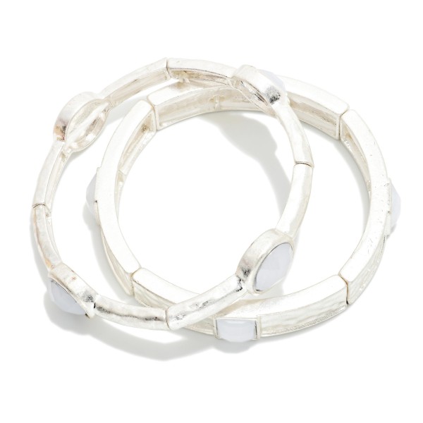 Set Of Two Hammered Metal Bangle Bracelets Featuring Faceted Acetate Details 

- Approximately 2.5" D