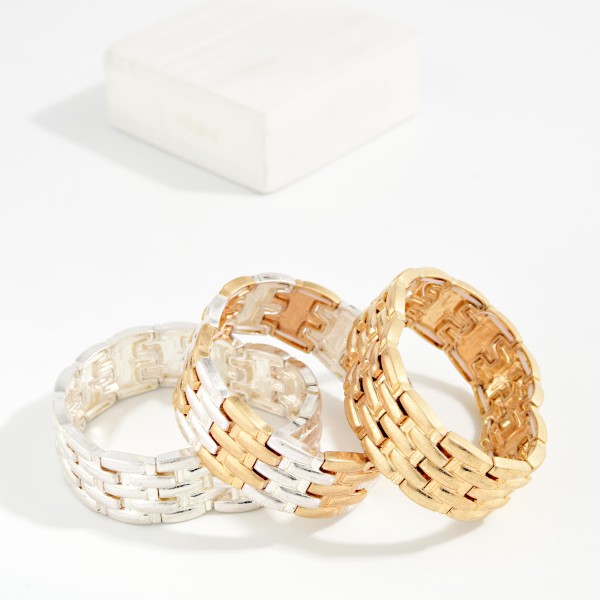 Metal Tone Watch Link Stretch Bangle Bracelet 

- Approximately 3.5" D 