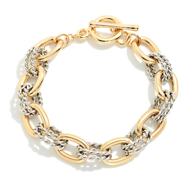 Two Tone Metal Chain Link Bracelet With Layered Twisted Links 

- Approximately 3" D