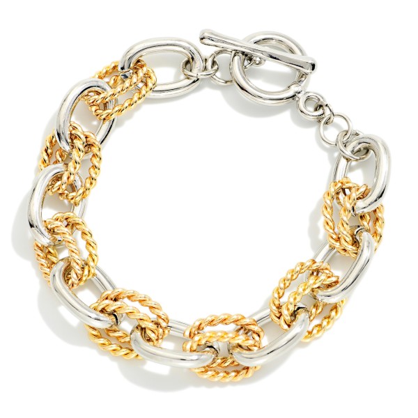 Two Tone Metal Chain Link Bracelet With Layered Twisted Links 

- Approximately 3" D