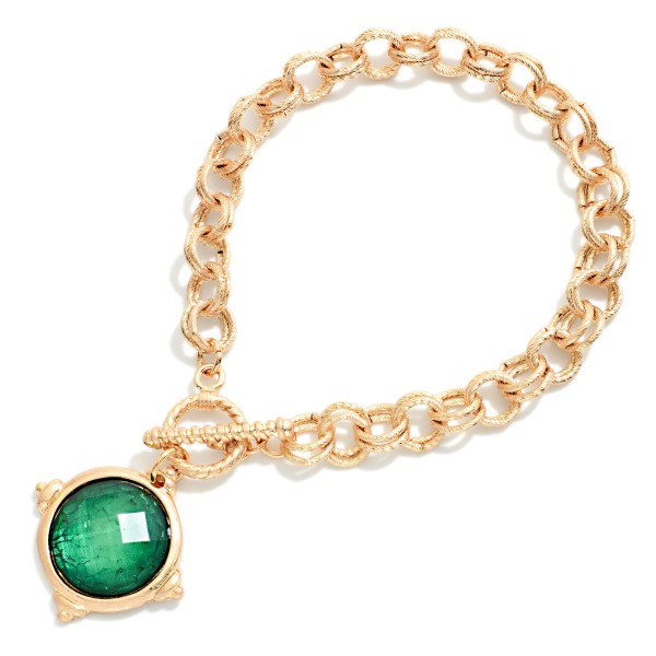 Double Link Chain Link Bracelet Featuring Faceted Acetate & Metal Tone Circle Charm 

- Approximately 3.5" D