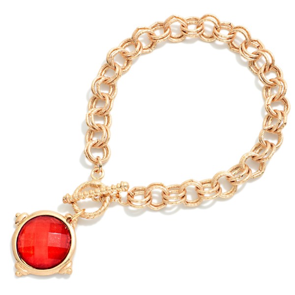 Double Link Chain Link Bracelet Featuring Faceted Acetate & Metal Tone Circle Charm 

- Approximately 3.5" D