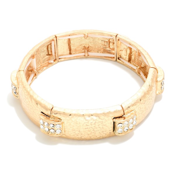 Hammered Metal Bangle Stretch Bracelet Featuring Studded Rhinestone Details 

- Approximately 2.5" D