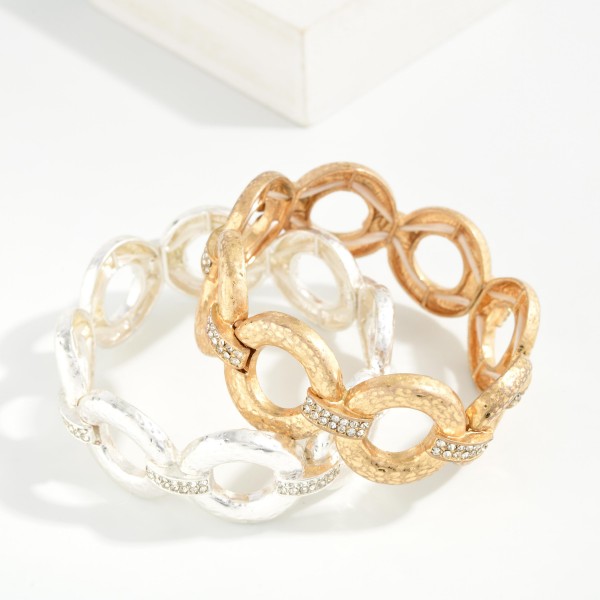 Hammered Metal Hoops Stretch Bracelet Featuring Rhinestone Details 

- Approximately 2.25" D