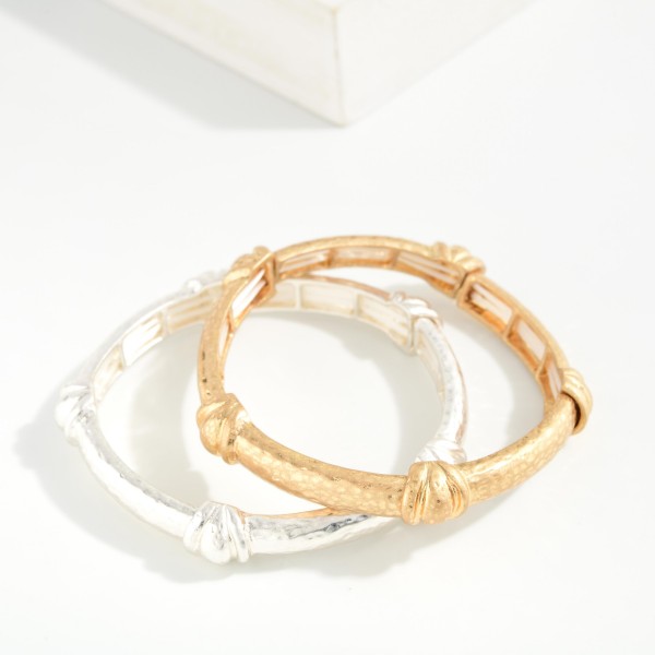 Hammered Metal Bangle Stretch Bracelet Featuring Layered Metal Details 

- Approximately 2.5" D