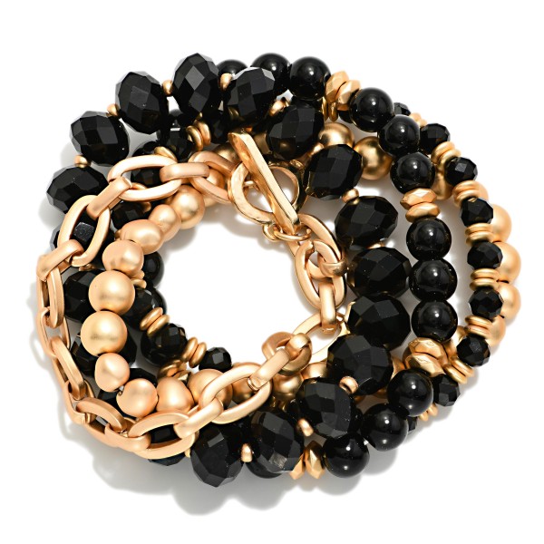 Set Of 5 Chain Link & Beaded Stretch Bracelets Featuring Faceted Beads & Metal Tones 

- Approximately 3" D