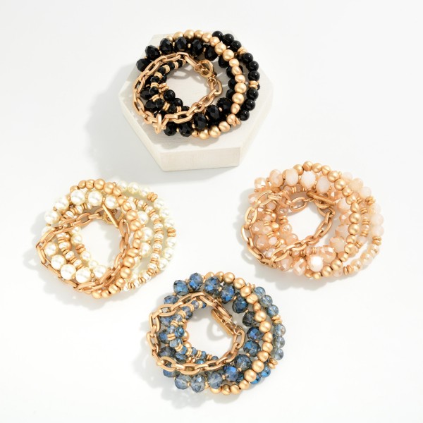 Set Of 5 Chain Link & Beaded Stretch Bracelets Featuring Faceted Beads & Metal Tones 

- Approximately 3" D