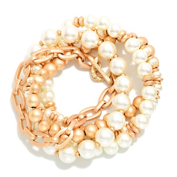 Set Of 5 Chain Link & Beaded Stretch Bracelets Featuring Faceted Beads & Metal Tones 

- Approximately 3" D