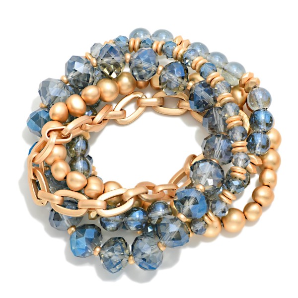 Set Of 5 Chain Link & Beaded Stretch Bracelets Featuring Faceted Beads & Metal Tones 

- Approximately 3" D