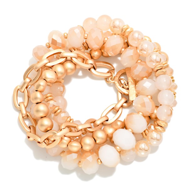 Set Of 5 Chain Link & Beaded Stretch Bracelets Featuring Faceted Beads & Metal Tones 

- Approximately 3" D