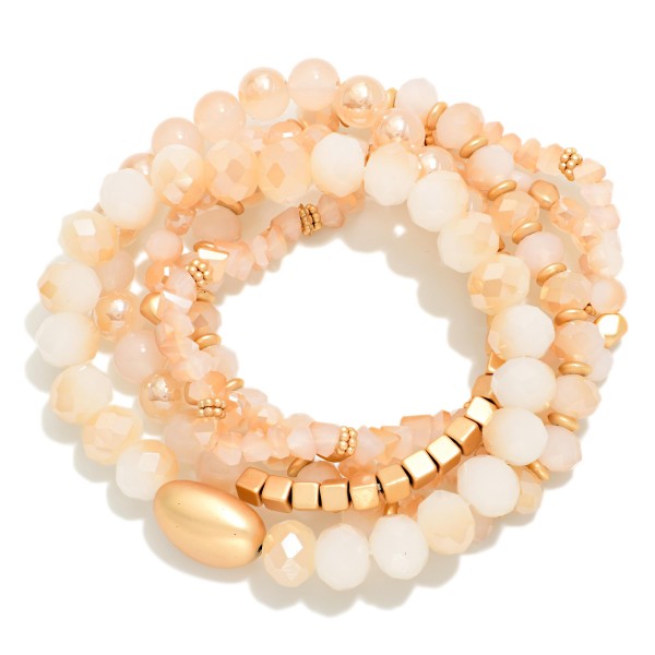Set Of 5 Beaded Stretch Bracelets Featuring Faceted Beads & Metal Tones 

- Approximately 3" D