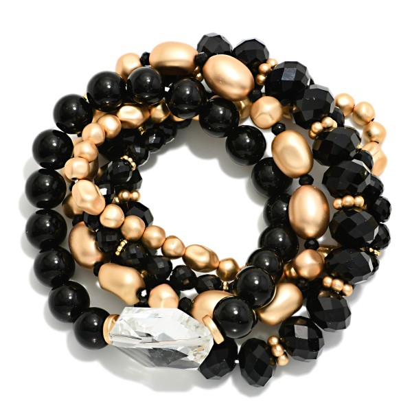 Set Of 5 Chunky Faceted Bead & Metal Tone Beaded Stretch Bracelets 

- Approximately 3" D