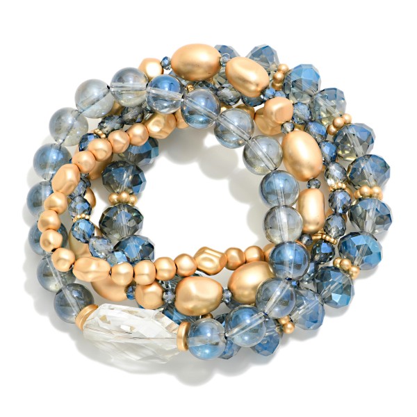 Set Of 5 Chunky Faceted Bead & Metal Tone Beaded Stretch Bracelets 

- Approximately 3" D