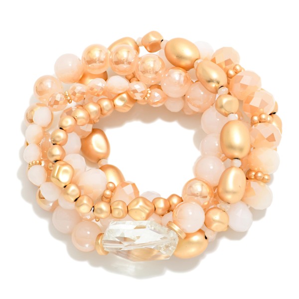 Set Of 5 Chunky Faceted Bead & Metal Tone Beaded Stretch Bracelets 

- Approximately 3" D