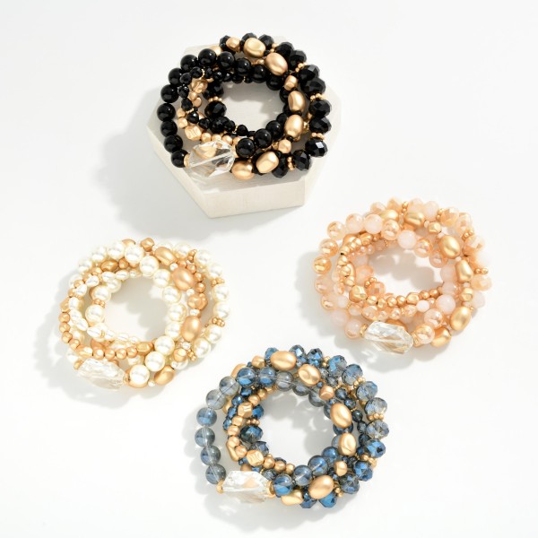 Set Of 5 Chunky Faceted Bead & Metal Tone Beaded Stretch Bracelets 

- Approximately 3" D