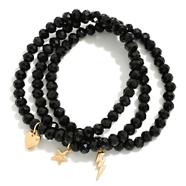 Set OF Three Beaded Stretch Bracelets Featuring Metal Tone Heart, Star, & Lightning Bolt Charms 

- Approximately 3" D