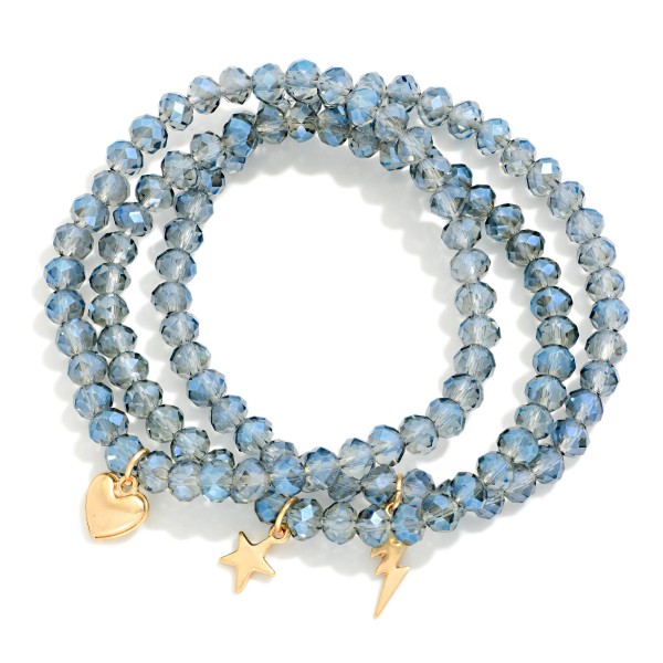 Set OF Three Beaded Stretch Bracelets Featuring Metal Tone Heart, Star, & Lightning Bolt Charms 

- Approximately 3" D