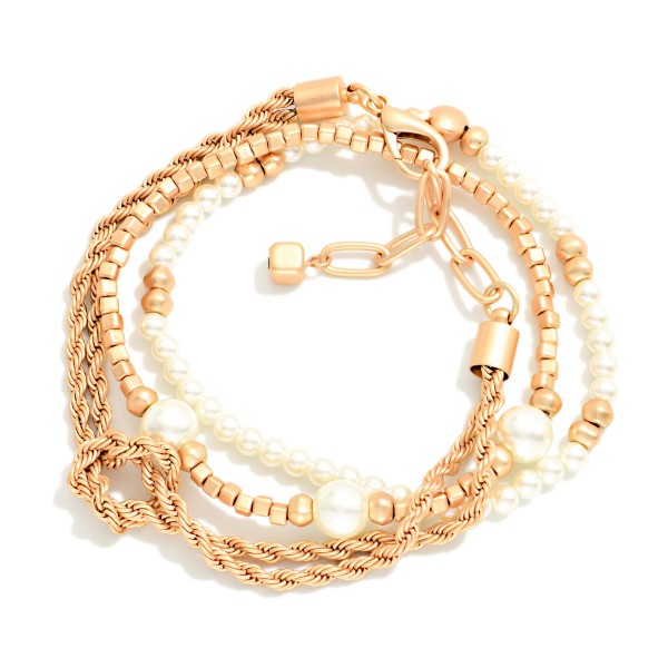 Set Of 3 Chain Link & Beaded Stretch Bracelets Featuring Metal Tones & Pearls 

- Approximately 3" D