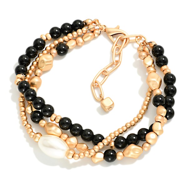 Set Of 3 Beaded Stretch Bracelets Featuring Gold Nugget Beads & Pearl Detail 

- Approximately 3" D
