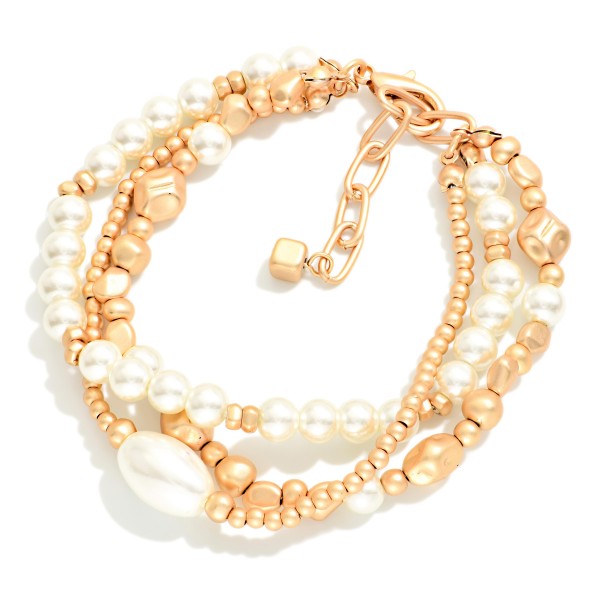 Set Of 3 Beaded Stretch Bracelets Featuring Gold Nugget Beads & Pearl Detail 

- Approximately 3" D