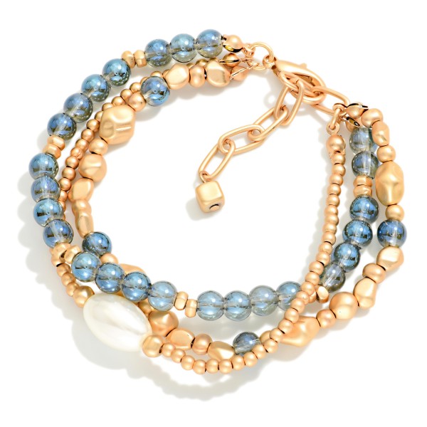 Set Of 3 Beaded Stretch Bracelets Featuring Gold Nugget Beads & Pearl Detail 

- Approximately 3" D