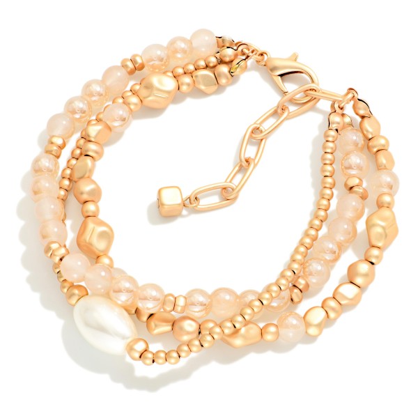 Set Of 3 Beaded Stretch Bracelets Featuring Gold Nugget Beads & Pearl Detail 

- Approximately 3" D