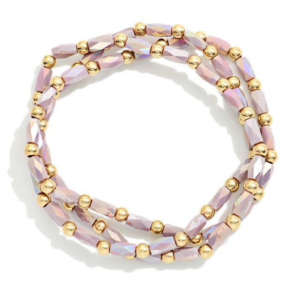 Set Of 3 Faceted Cylinder & Metal Tone Bead Beaded Stretch Bracelets 

- Approximately 2.5" D