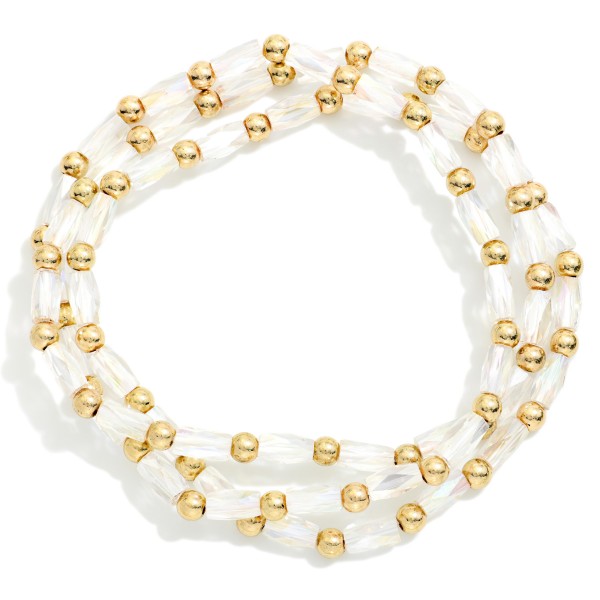 Set Of 3 Faceted Cylinder & Metal Tone Bead Beaded Stretch Bracelets 

- Approximately 2.5" D