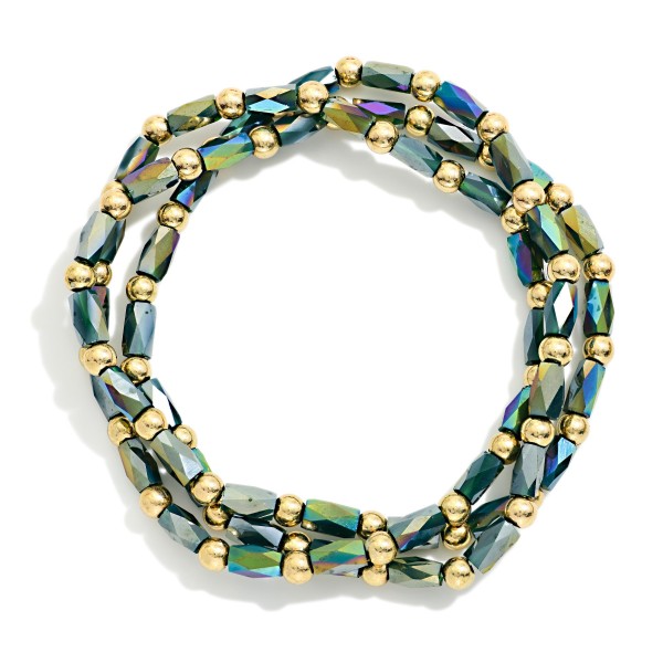 Set Of 3 Faceted Cylinder & Metal Tone Bead Beaded Stretch Bracelets 

- Approximately 2.5" D