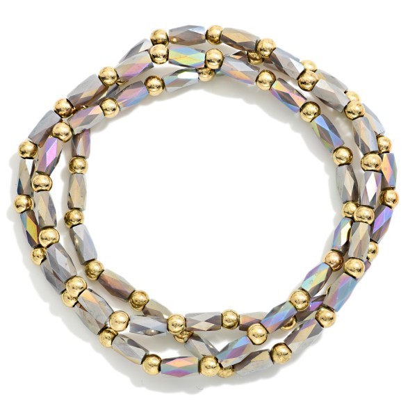 Set Of 3 Faceted Cylinder & Metal Tone Bead Beaded Stretch Bracelets 

- Approximately 2.5" D