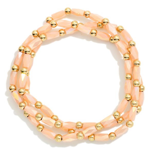 Set Of 3 Faceted Cylinder & Metal Tone Bead Beaded Stretch Bracelets 

- Approximately 2.5" D