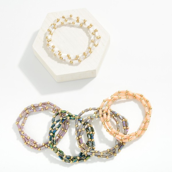Set Of 3 Faceted Cylinder & Metal Tone Bead Beaded Stretch Bracelets 

- Approximately 2.5" D