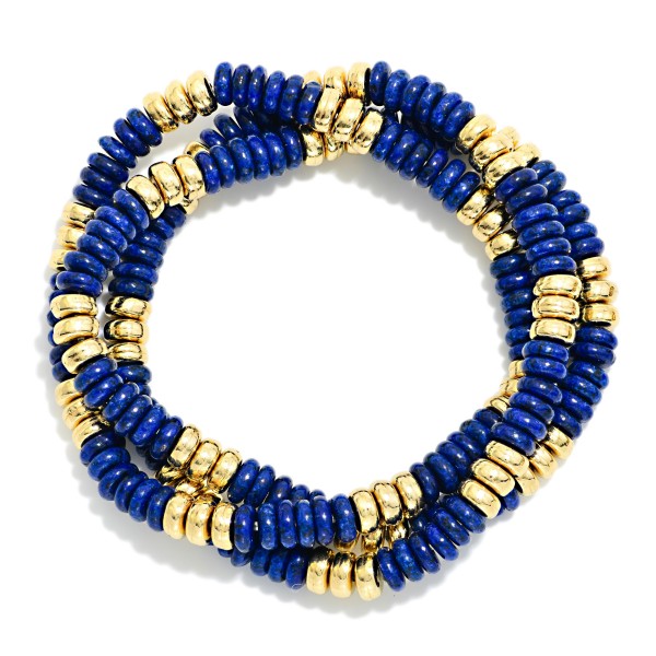 Set Of 3 Stone & Metal Tone Disk Beaded Stretch Bracelets 

- Approximately 2.5" D