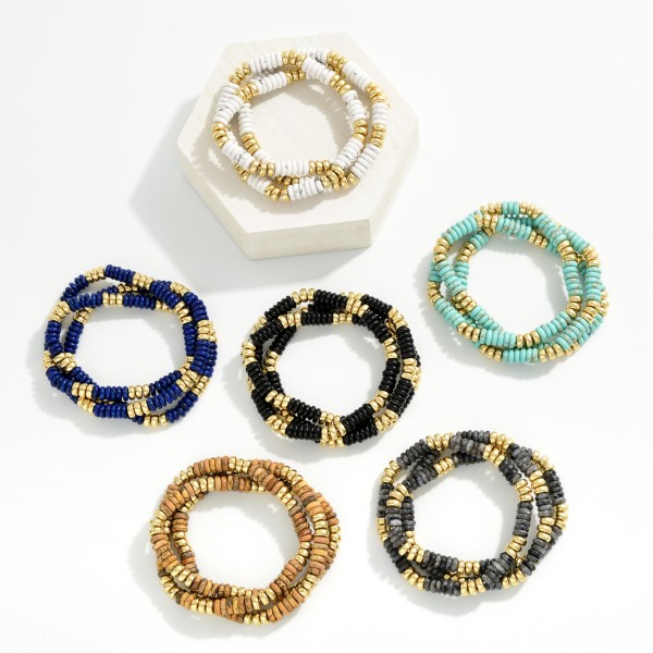 Set Of 3 Stone & Metal Tone Disk Beaded Stretch Bracelets 

- Approximately 2.5" D