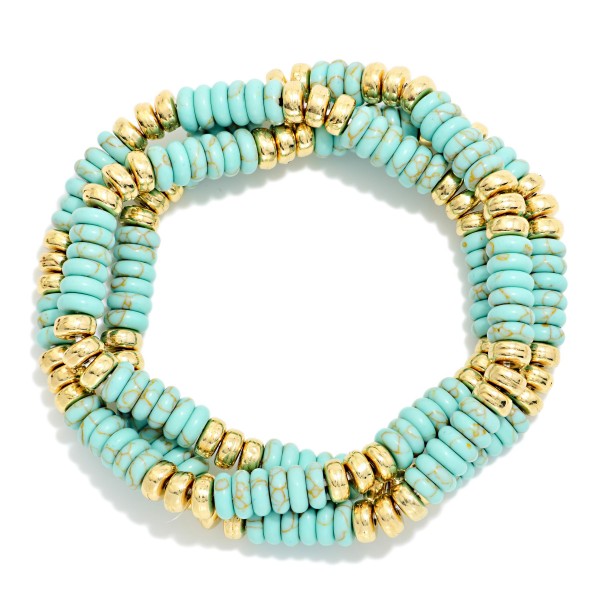Set Of 3 Stone & Metal Tone Disk Beaded Stretch Bracelets 

- Approximately 2.5" D