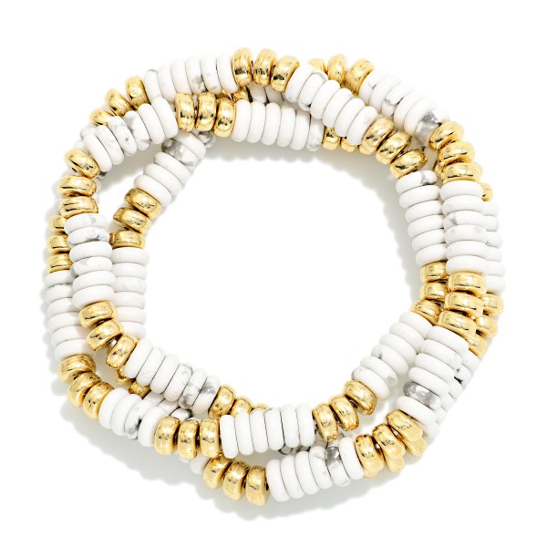 Set Of 3 Stone & Metal Tone Disk Beaded Stretch Bracelets 

- Approximately 2.5" D